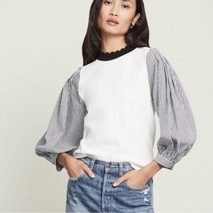 Veronica Beard Roy Mixed Media Sweater Large White Striped Sleeves Coastal Chic